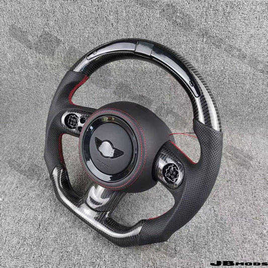MINI Gen 2 R56 Led Shift Light Carbon Fibre Leather Flat Bottom Steering Wheel
