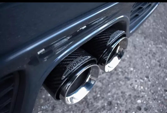 MINI JCW STYLE EXHAUST TIPS (PAIR) CARBON FIBRE GLOSS F54 F55 F56 F57 F60 UK