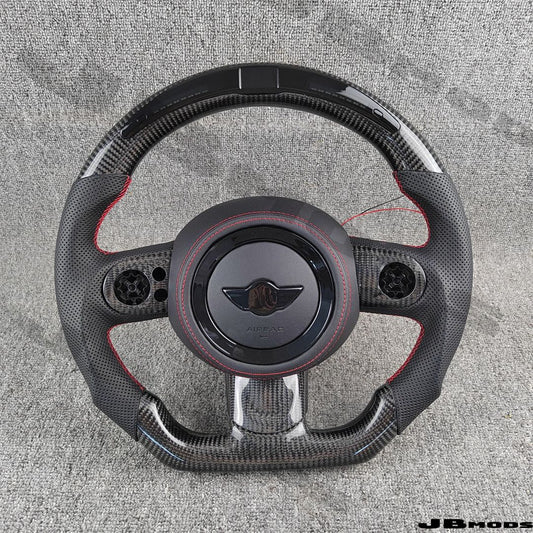 MINI Gen 2 R56 Led Shift Light Carbon Fibre Leather Flat Bottom Steering Wheel