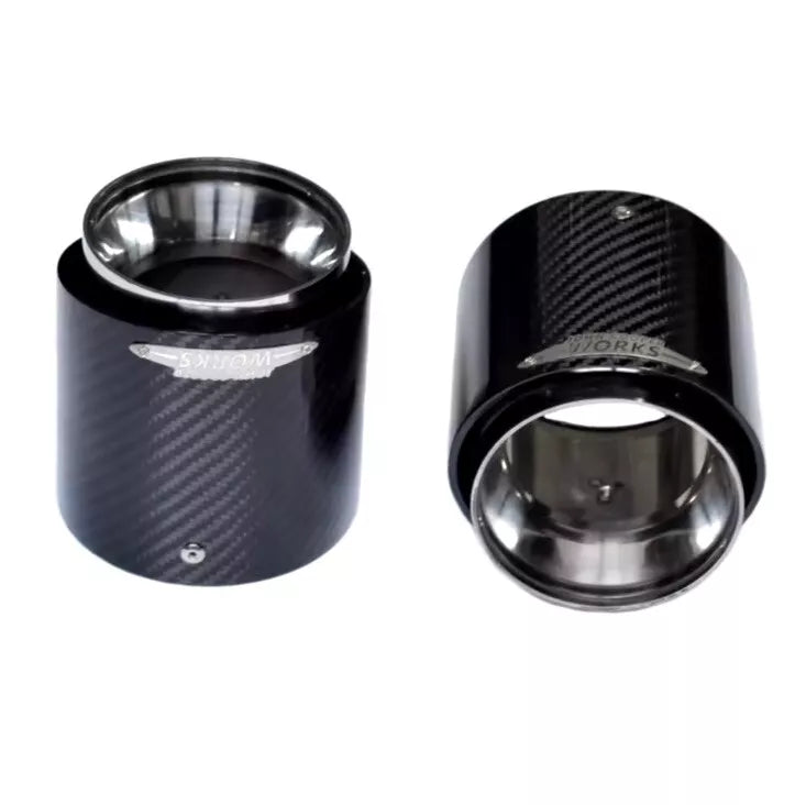 MINI JCW STYLE EXHAUST TIPS (PAIR) CARBON FIBRE GLOSS F54 F55 F56 F57 F60 UK